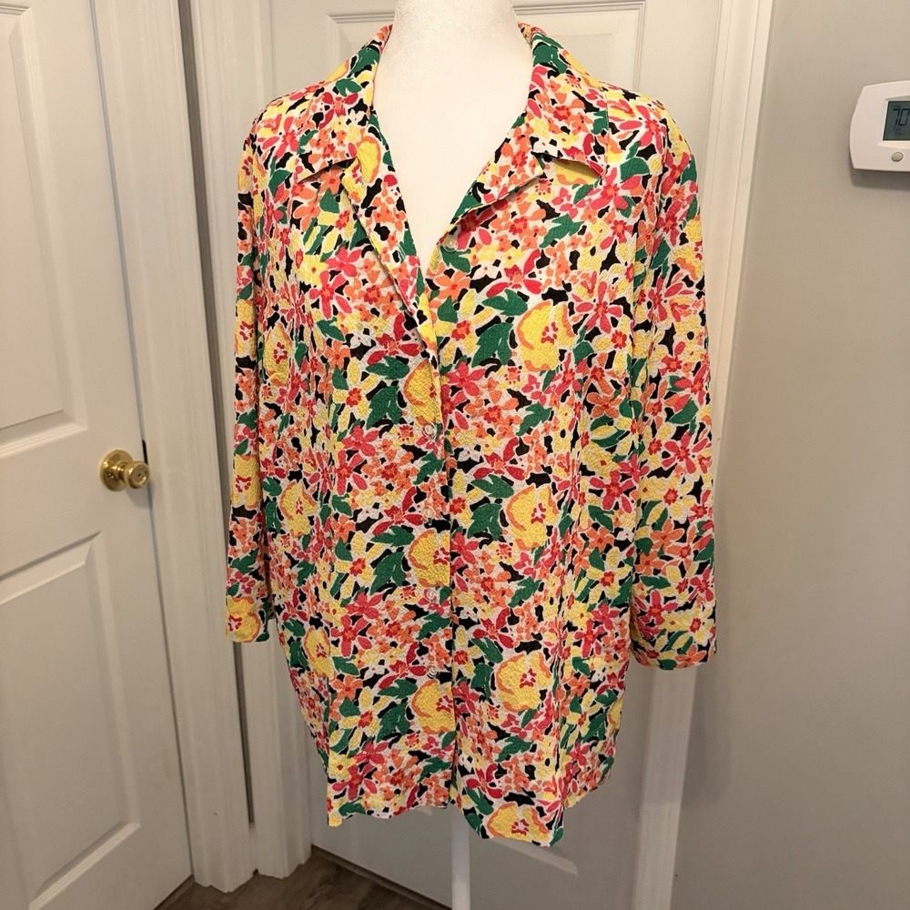 Vintage 80s Koret Abstract Floral Button Up Blouse Large Grandmacore Eclectic